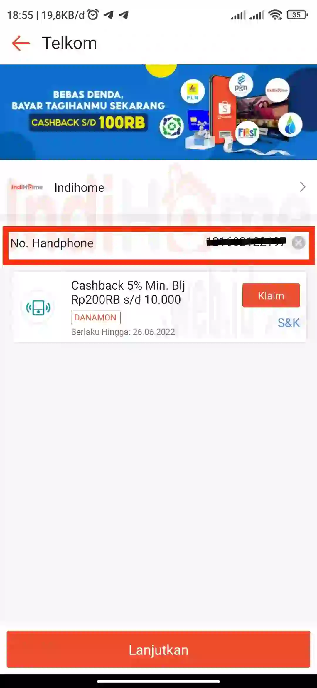 Input No Handphone Dengan Id Pelanggan IndiHome Anda